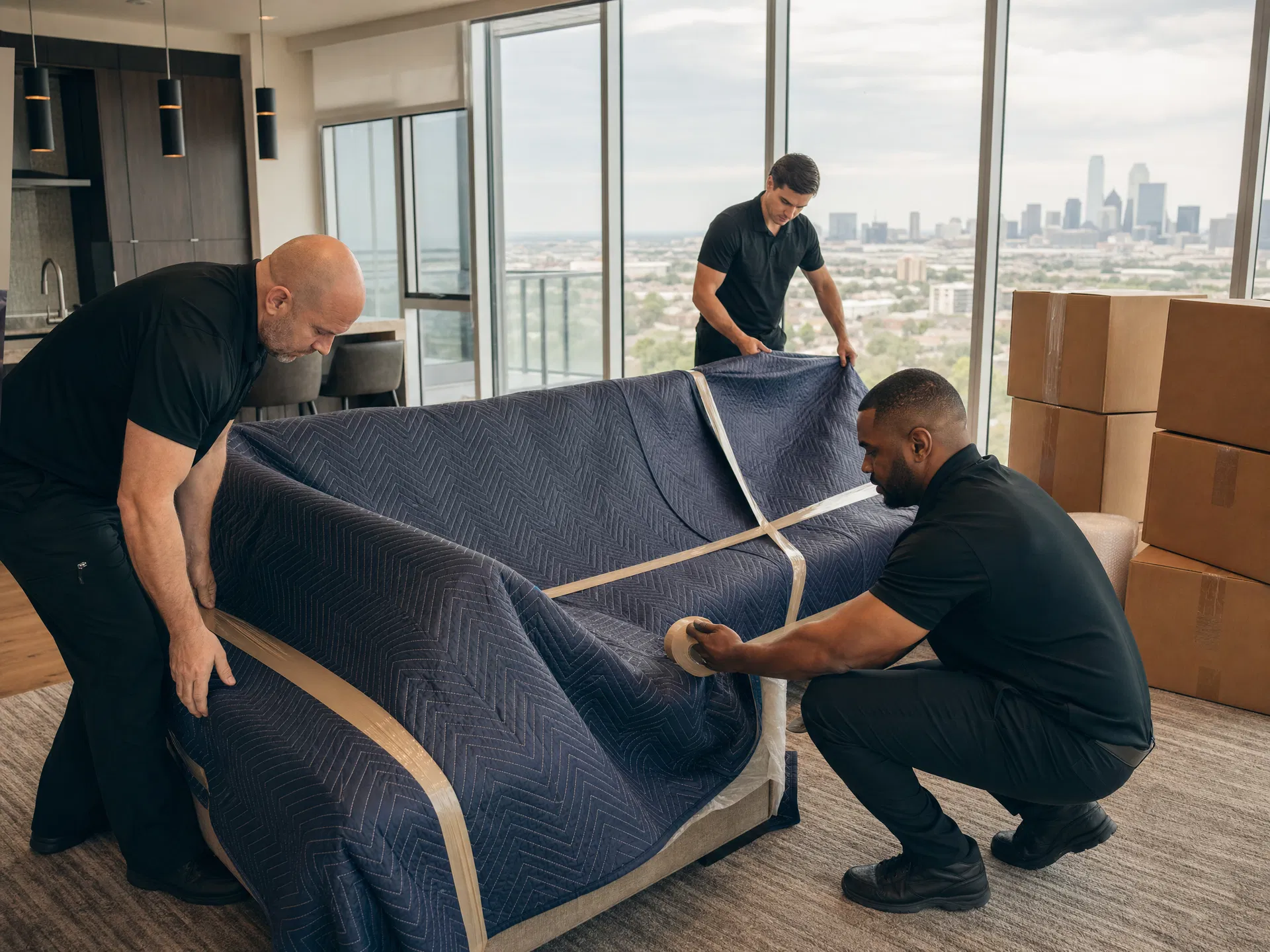 OTG Movers wrapping a sectional sofa in moving blankets during an apartment move in DFW