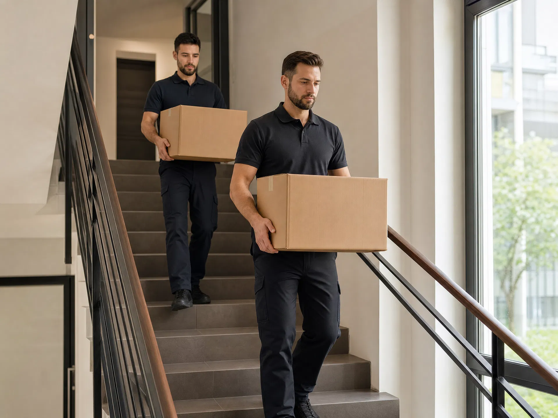 OTG Movers carrying boxes down a staircase during a house move in the DFW area