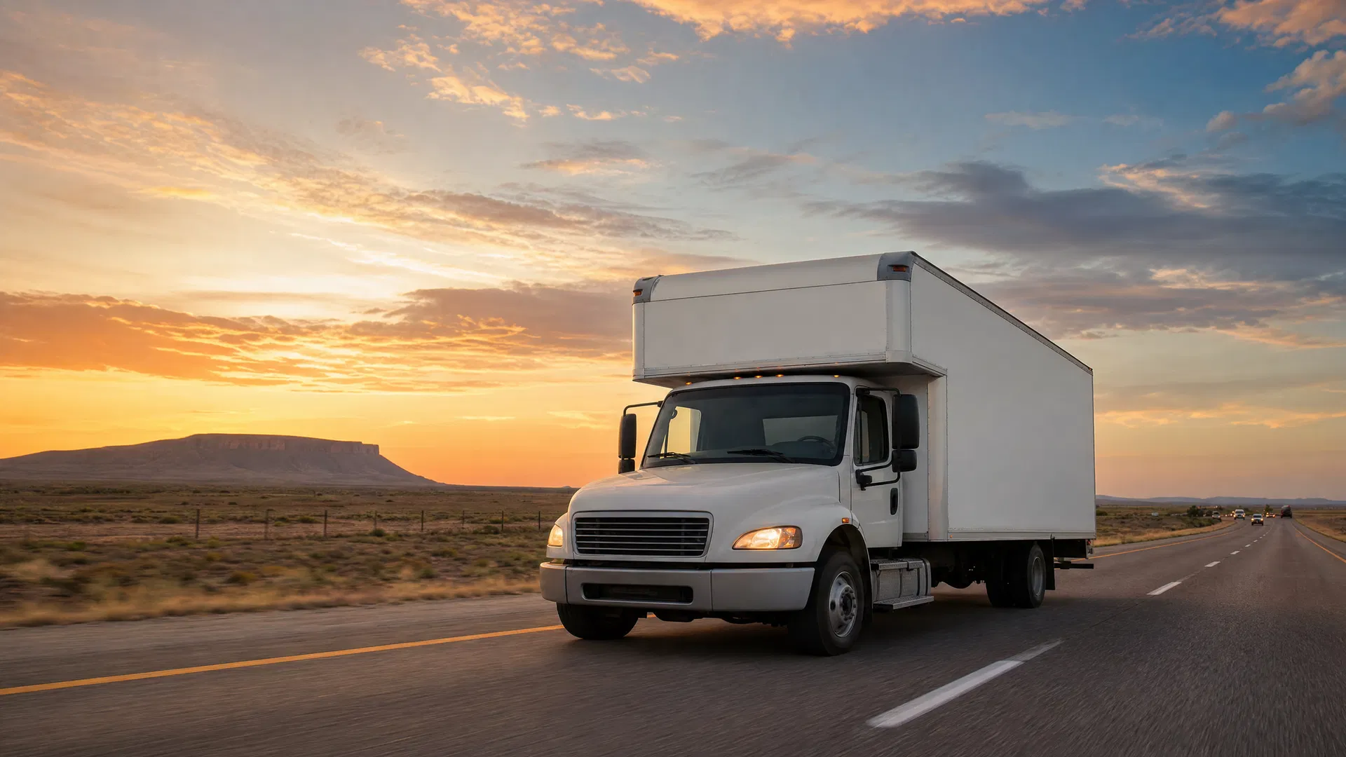 OTG Movers long-distance moving truck on a Texas highway at golden hour
